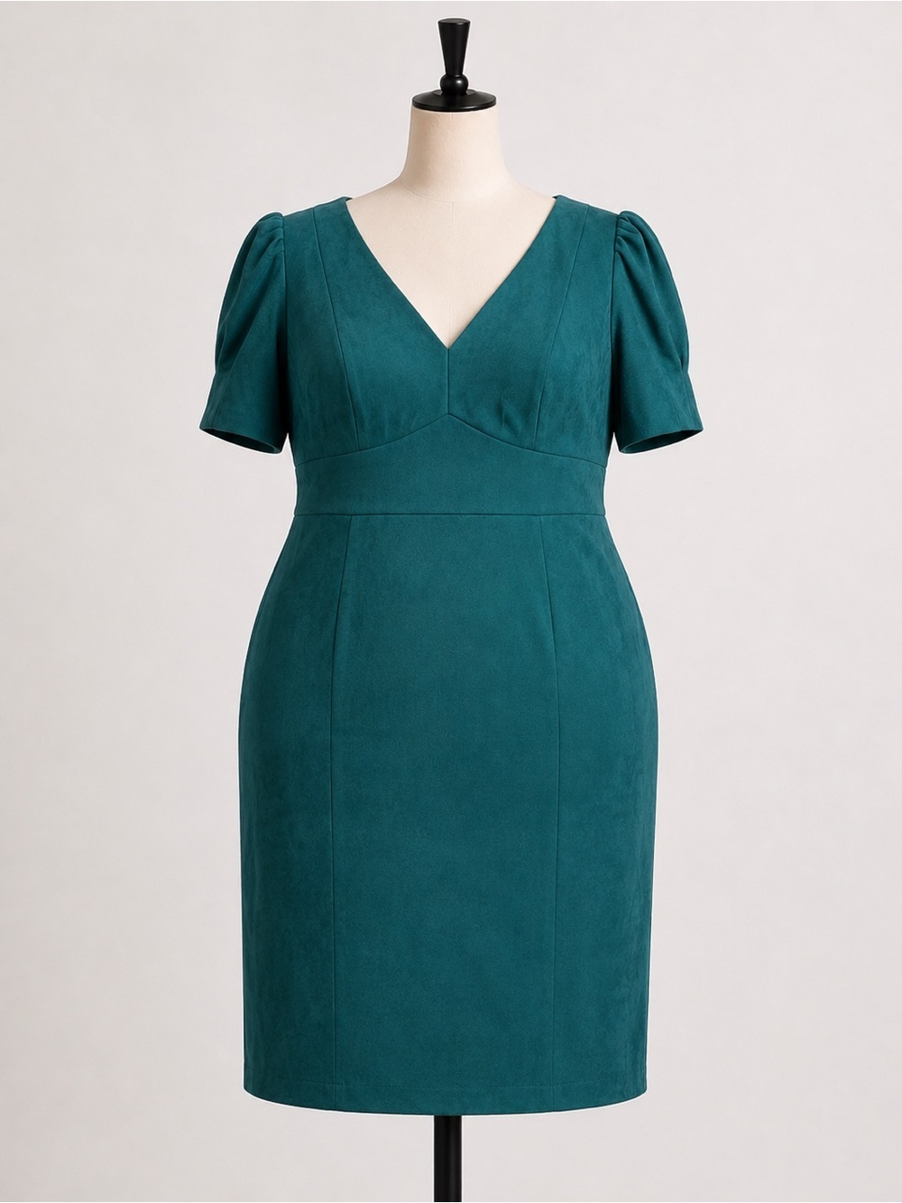 Andrew Marc 14 Teal Faux Suede Sheath Dress Puff Sleeve V-Neck Career Cocktail